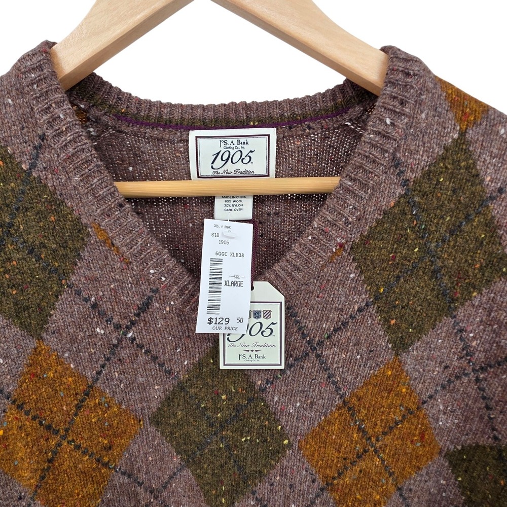 Mens Soft Wool Sweater ‎ Jos.A.Bank 1905 Size XL Brown and Tan Argyle V-neck